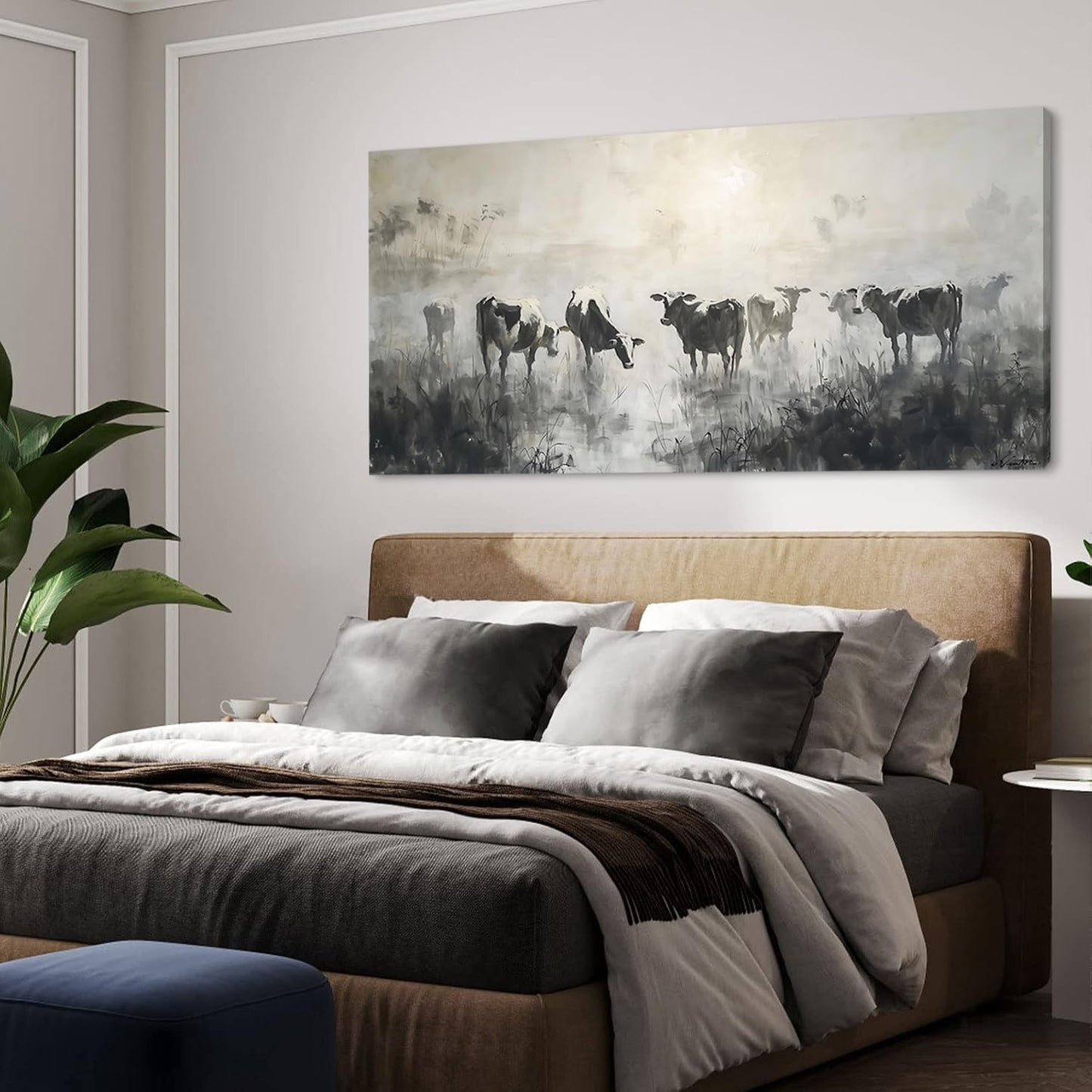 LASMOND Black and White Cow Wall Art for Living Room Ink Wash Canvas Painting Prints Morning Cattle Vintage Country Farmhouse Artwork Bedroom Office Decor (58x28 Inches)