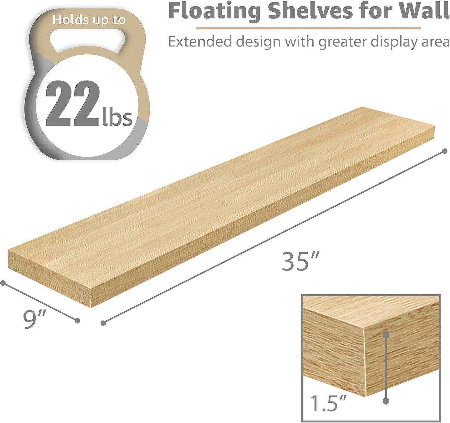 Sorbus Floating Shelves for Wall - 35 Inch Long Bathroom Shelves, Wall Decor for Bedroom, Kitchen, Living Room & Book Storage - Mounted Floating Shelf with Invisible Brackets (Maple Wood, 3 Pack)