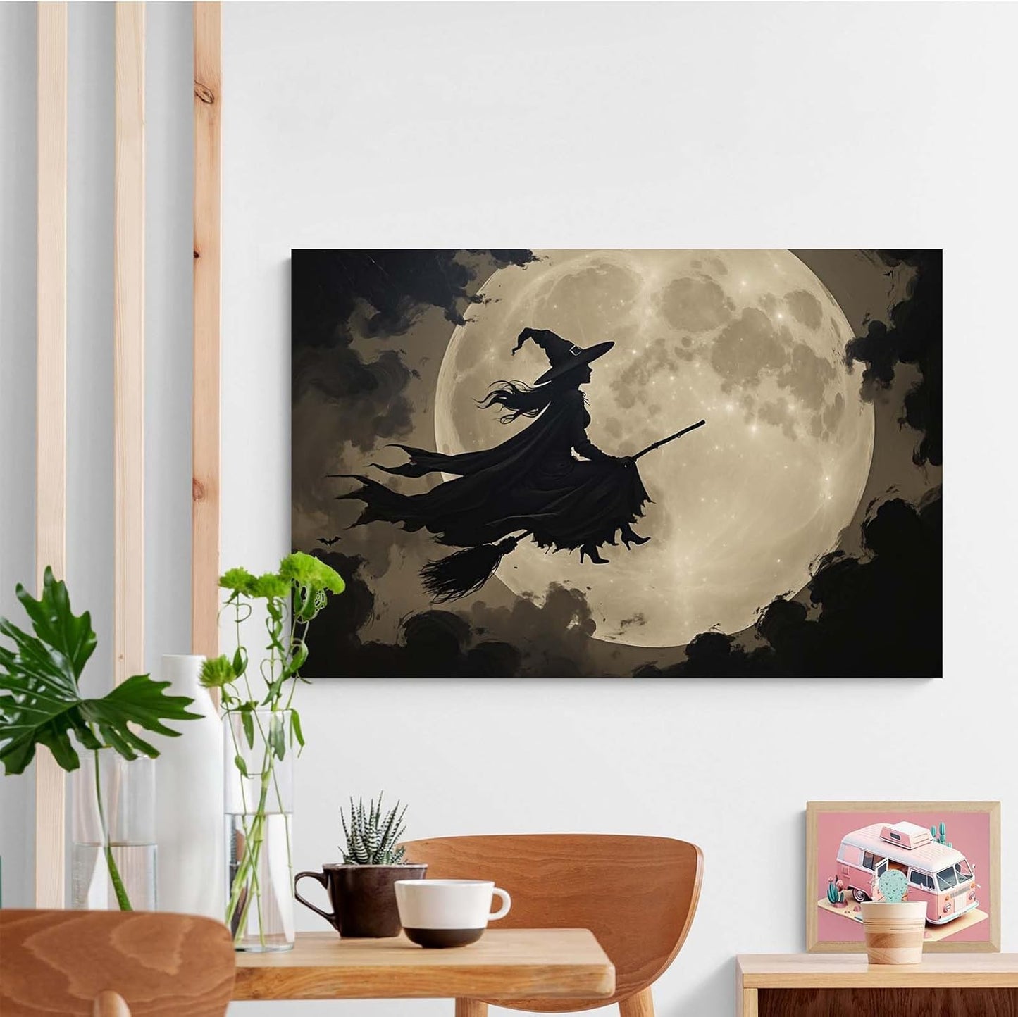 Full moon witch silhouette poster witch on magic broom Halloween mural poster decorative mural art suitable for home living room bedroom20x30in Wood Framed