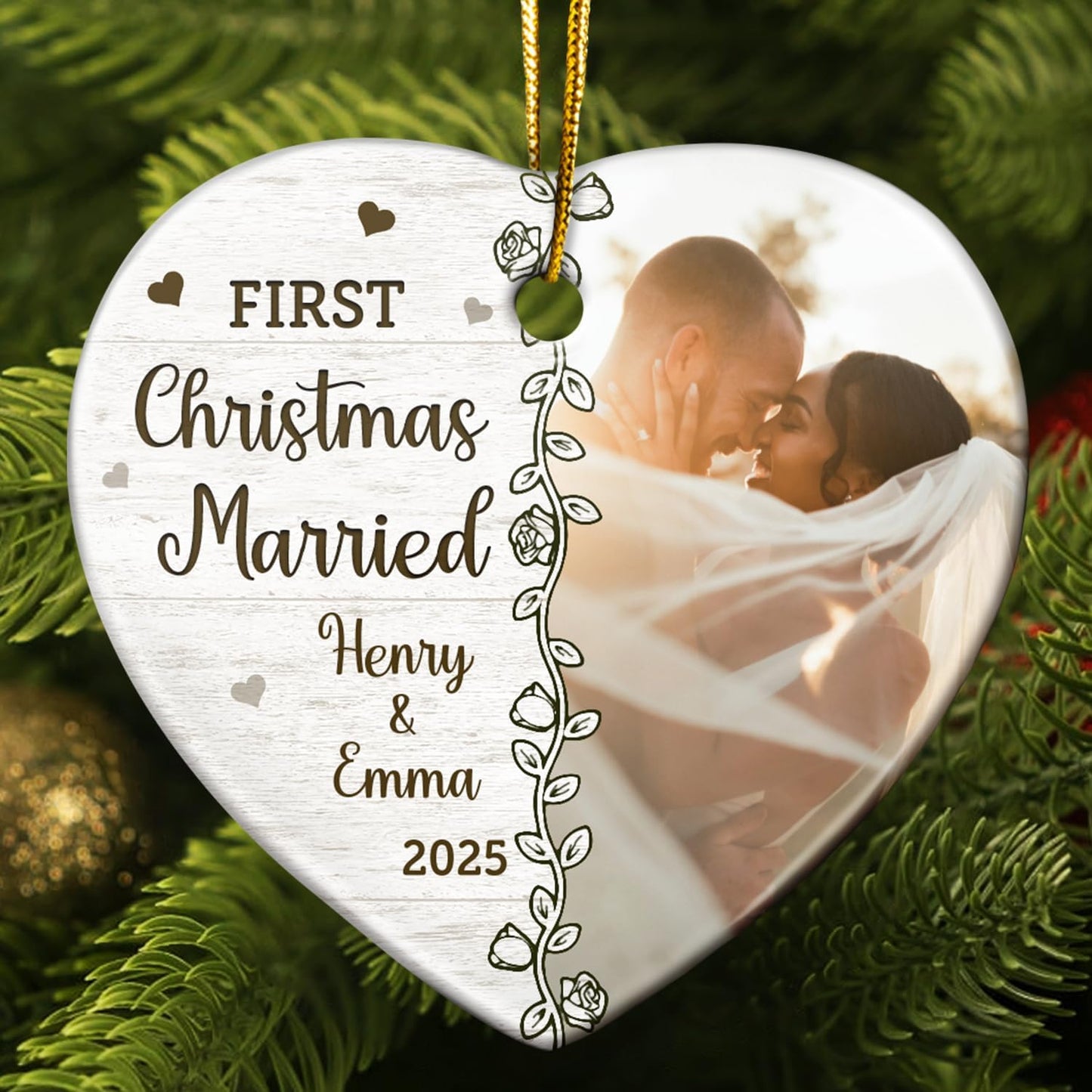 Personalized Heart Ceramic Ornament - Holiday Keepsake for Couples, Newlyweds, Home Tree Decoration for Winter - Custom Photo First Christmas Married