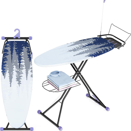 Full Size Ironing Board, 18x51 Iron Board with Metal Panel Stretchable Iron Rest, Adjustable Height Heavy Duty Heat & Scorch Resistant Cover Ironing Board, for Home, Laundry, Purple