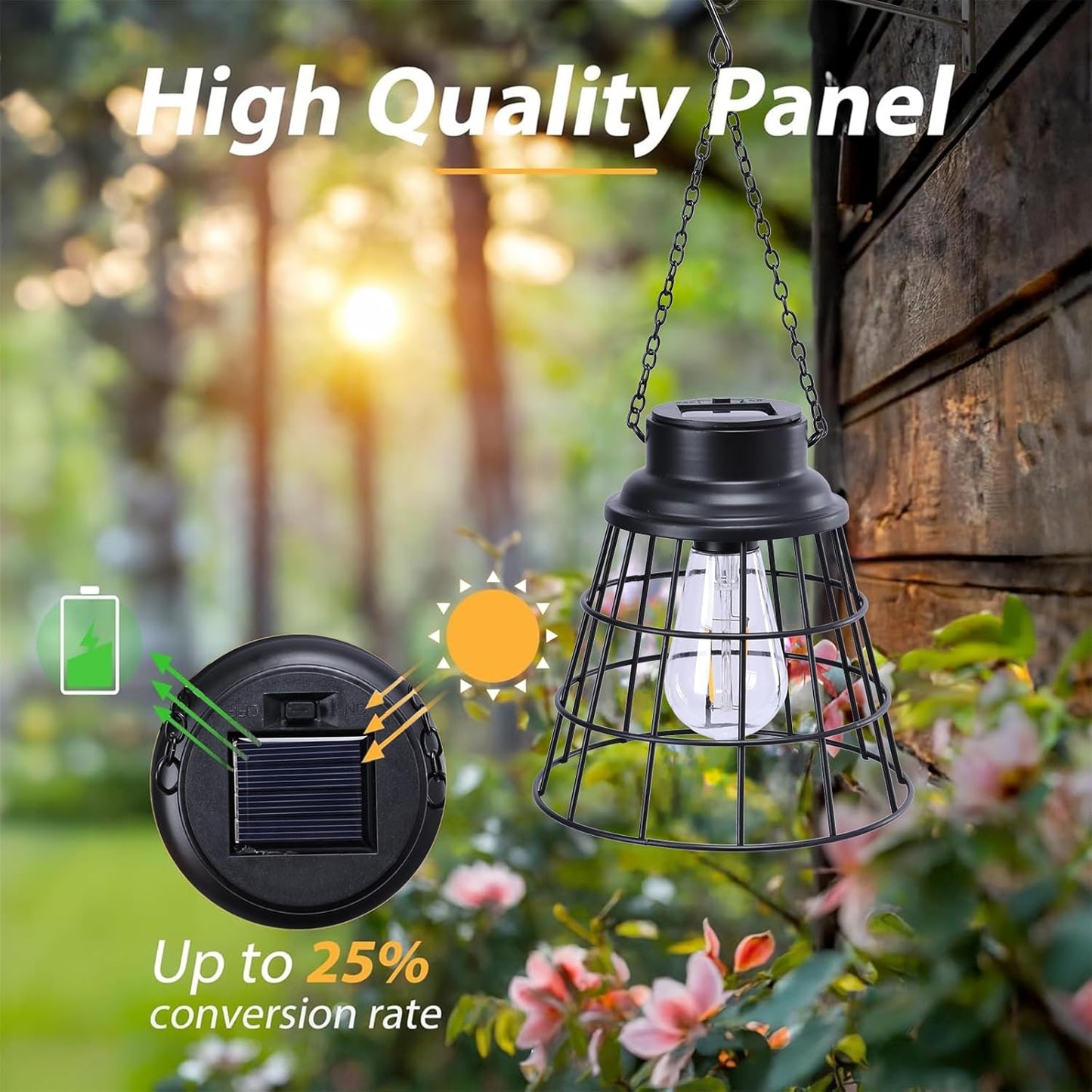 2 Pack Solar Lanterns Outdoor Waterproof , Metal Cage Design with Replaceable LED Bulb, Waterproof Vintage Decorative Light for Patio, Garden, and Yard (5.9" x 6.1", Black)