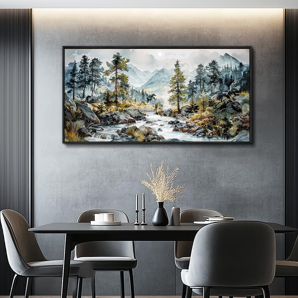 PHAOHUAXM Large Wall Art For Bedroom Wall Decor For Living Room Office Decoration Rivulet View Painting Forest Tree Landscape Watercolour Pictures Canvas Artworks Home Decor Black Framed 24x48 In