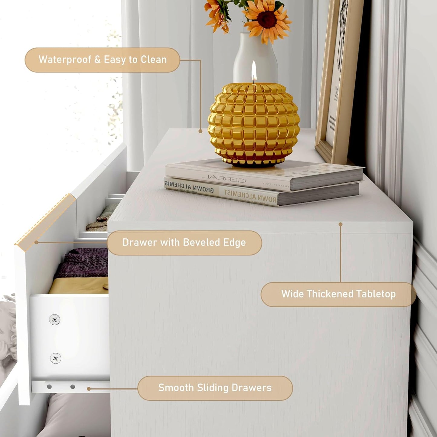 White Malm Dresser for Bedroom, 63 Inch Long 9 Drawers Dresser with Charging Station, Modern Large Wood Chest of Drawers Handle Free for Bedroom, Living Room, Entryway, Hallway, White