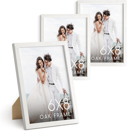 HAUS AND HUES 6x8 White Oak Wooden Picture Frame - Set of 3 6x8 Poster Frame - Premium Oak, Vertical Hang, Shatterproof Plexiglass - Ideal for Home, Room, Office (6x8-inch, White, Set of 3)