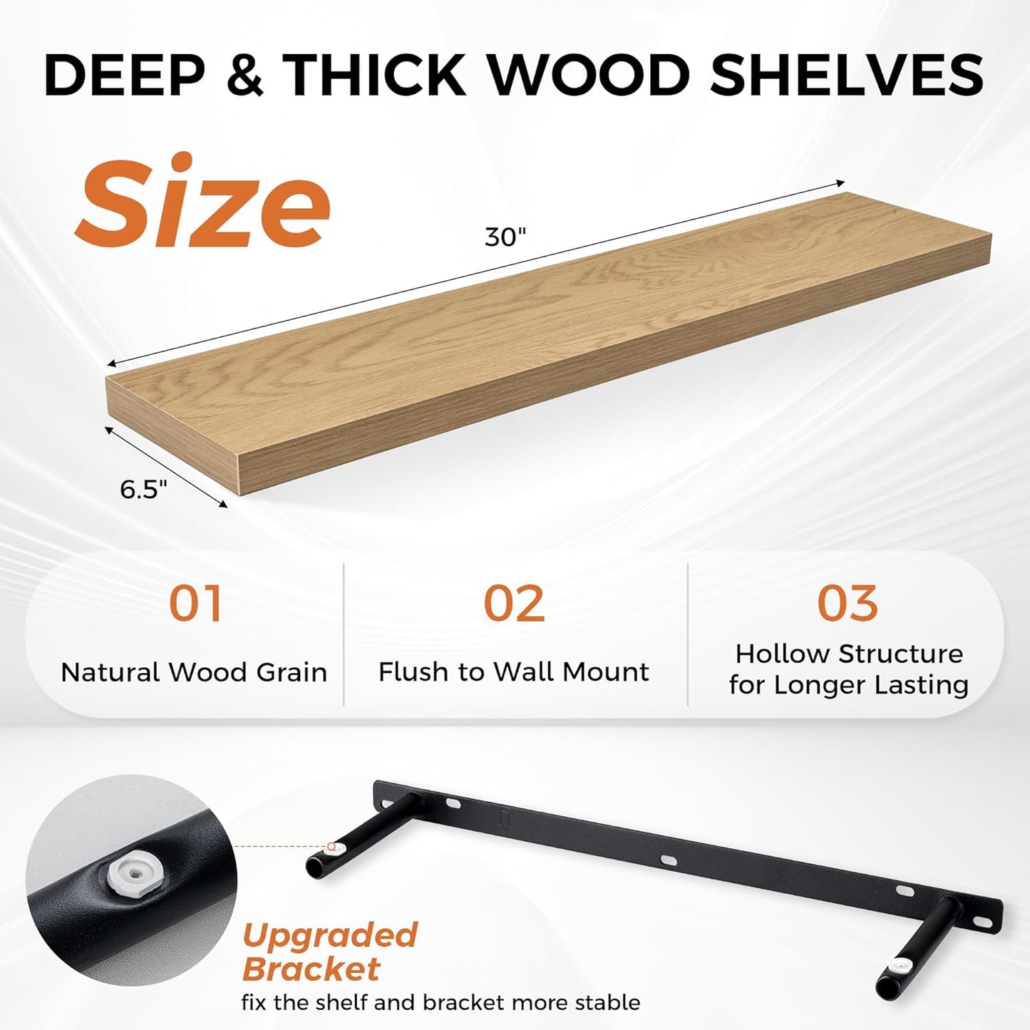 Fun Memories 30" Rustic Wood Deep Floating Shelves for Wall, Invisible Brackets for Decor & Storage, Living Room, Bathroom (Oak, Set of 2)