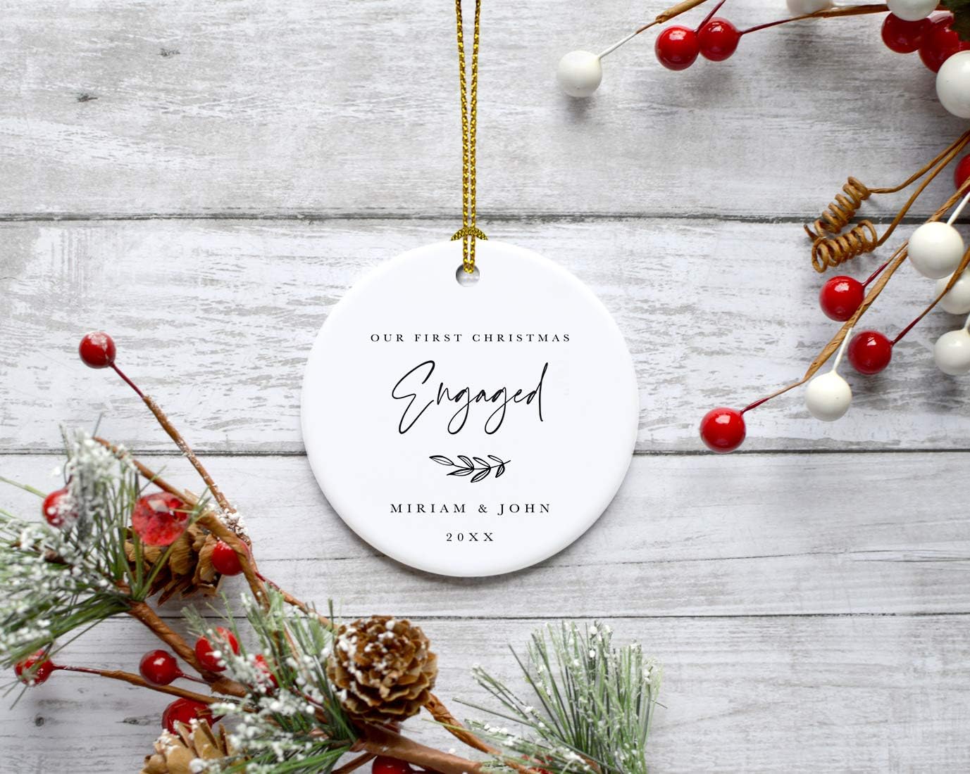 Andaz Press Personalized Wedding Engagement Round Ceramic Porcelain Christmas Ornament Engagement Keepsake Collectible Gift, Our First Christmas Engaged, Miriam & John 2024, Antique Handdrawn, 1-Pack