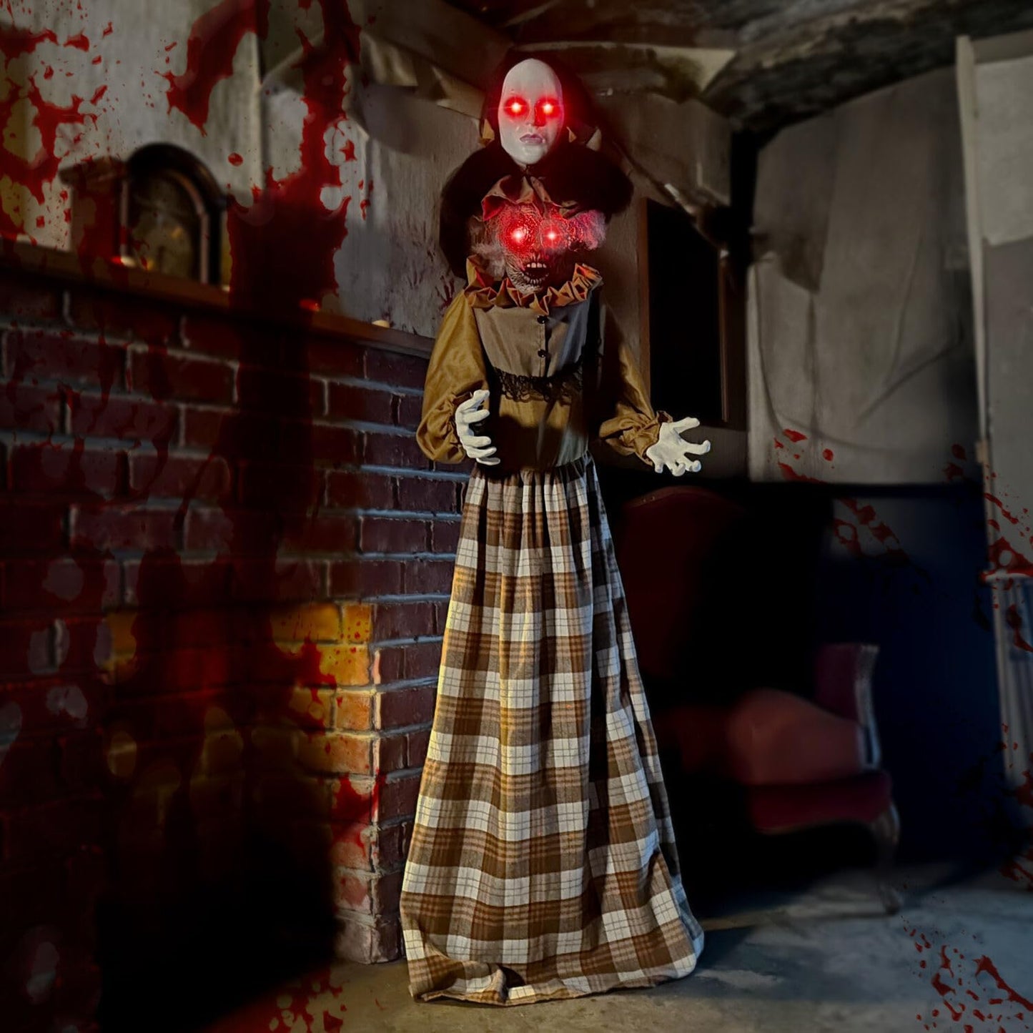 Haunted Hill Farm Lifesize Animatronic Scary Haunted Woman with Touch Activated Lights and Sound, Battery-Operated Indoor or Covered Outdoor Halloween Decoration