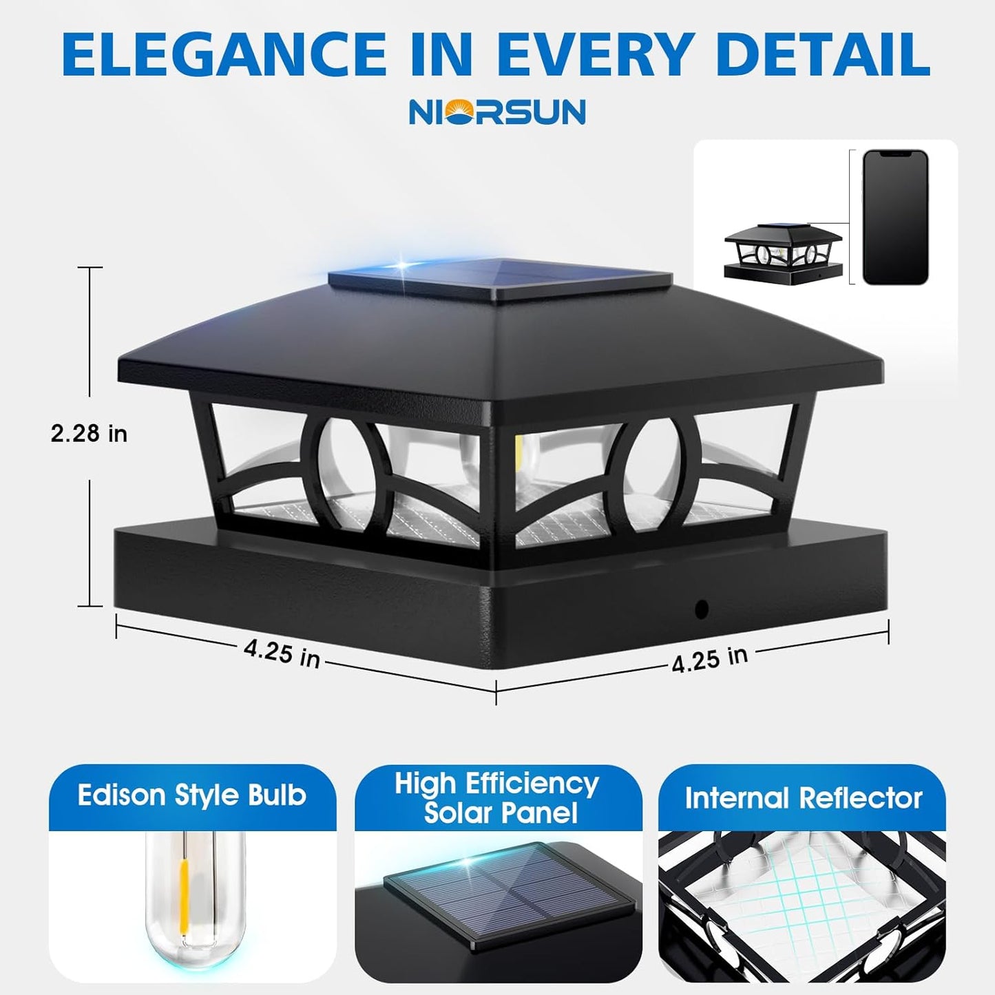 NIORSUN Solar Post Lights Outdoor, Fence Post Solar Lights Warm White Outdoor Waterproof Edison LED Bulbs Garden Patio Fence Deck Decor, 4x4 Post Caps Wood Vinyl, Black 12 Pack