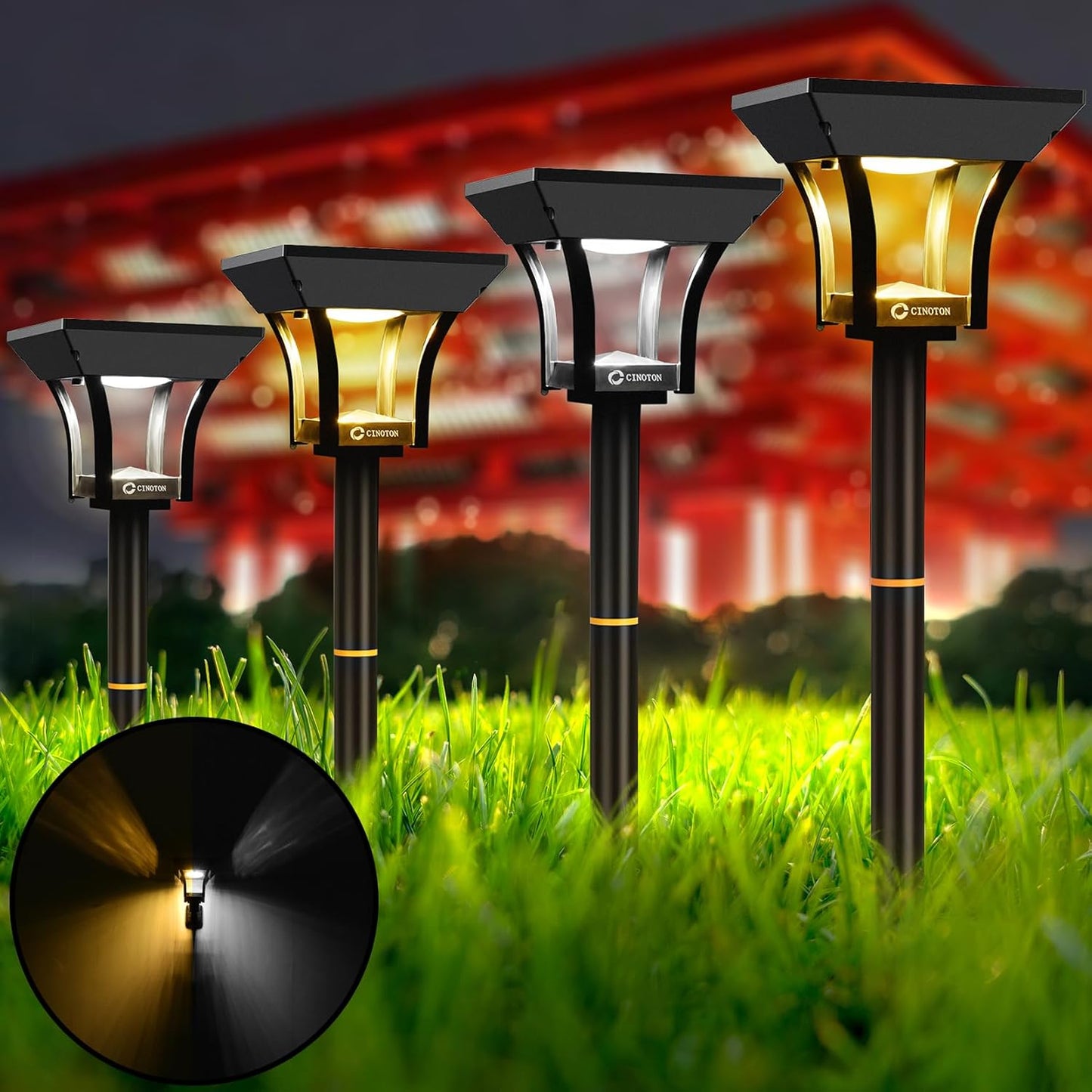 CINOTON 2-in-1 Solar Pathway Lights Outdoor with 4 Lighting Modes, IP65 Waterproof LED Solar Powered Wall Lights for Garden Yard Patio Lawn Porch Walkway Backyard Driveway, Warm & Cold White 4 Pack