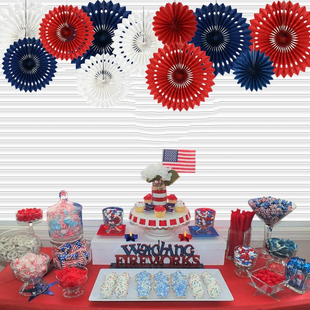 BEISHIDA Red White Blue Hanging Honeycomb Round Paper Fans Decoration Patriotic Theme Tissue Paper Fan Garland for Baby Shower Kid Birthday Graduation Wedding Party Supplies（11packs）