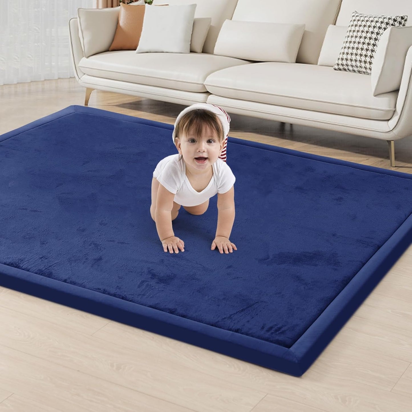 ACOMOPACK Baby Play Mat for Floor 1.3" Thick Memory Foam Play Mat 79"×118" Tummy Time Crawling with Non-Slip Bottom for Living Room,Nursery,Soft Velvet Playpen Mats for Kids,Infants（Royal Blue）
