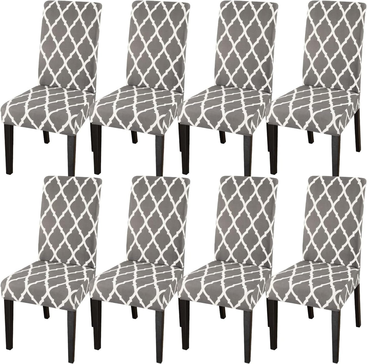 JQinHome Dining Room Chair Covers Set of 8, High Stretch Chair Slipcover Removable Washable Chair Seat Protector Cover for Home Party Hotel Wedding Ceremony (Grey White)