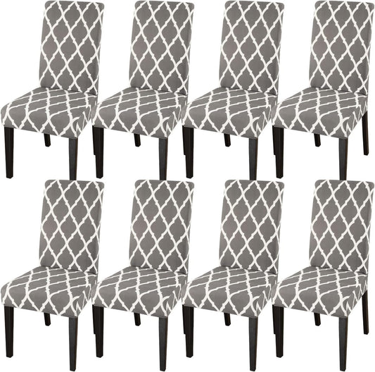 JQinHome Dining Room Chair Covers Set of 8, High Stretch Chair Slipcover Removable Washable Chair Seat Protector Cover for Home Party Hotel Wedding Ceremony (Grey White)