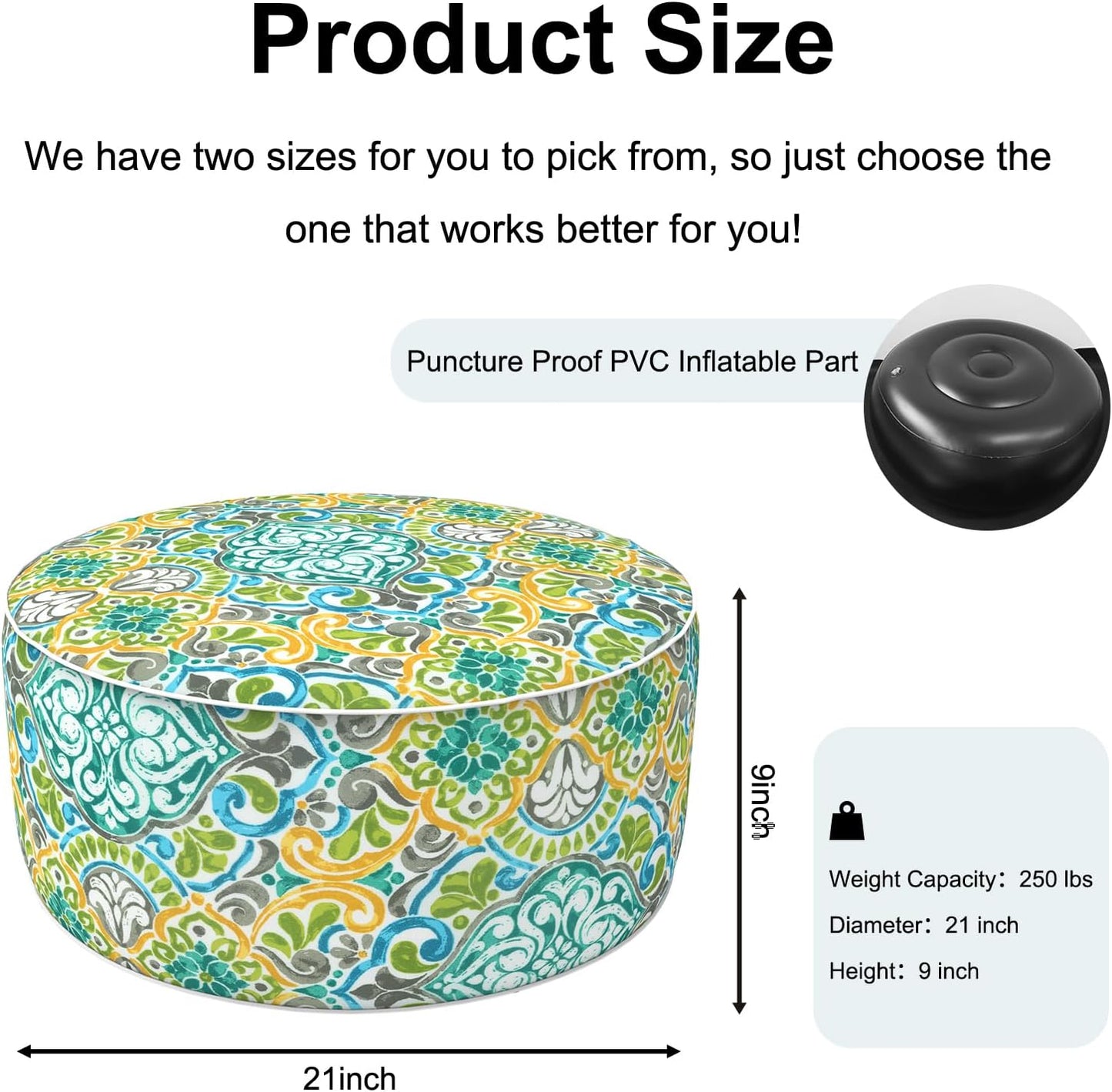 Inflatable Ottoman Stool D21 xH9 for Outdoor/Indoor Use, Water Repellent Patio Foot Rest Stool with Portable Handle,Round Pouf Ottoman Suitable for Garden,Deck and Camping - Damask Green