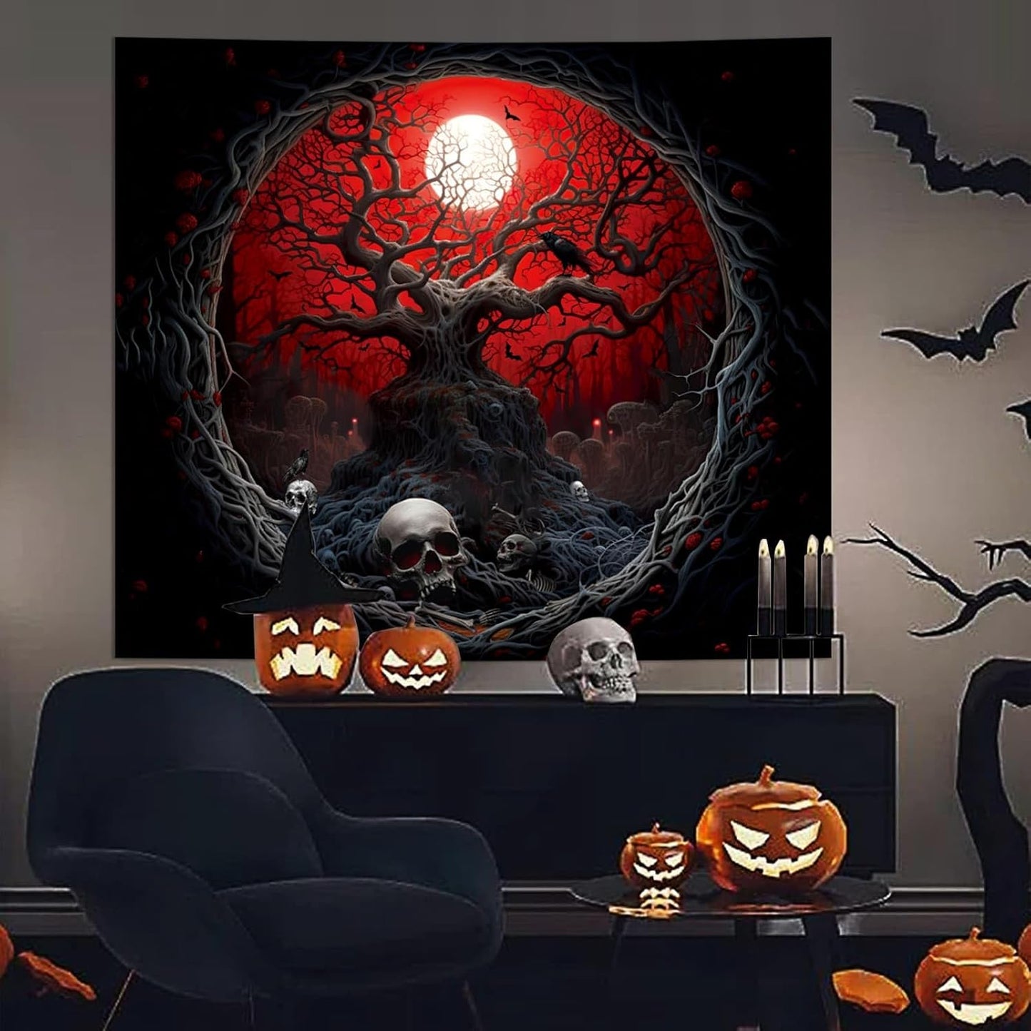 Atrippy Halloween Black Red Anime Tapestry, Gothic Dark Forest Moon Wall Hanging, Nature Skull Withered Tree Landscape Tapestries for Bedroom Living Room Men Dorm 51x 60 Inches