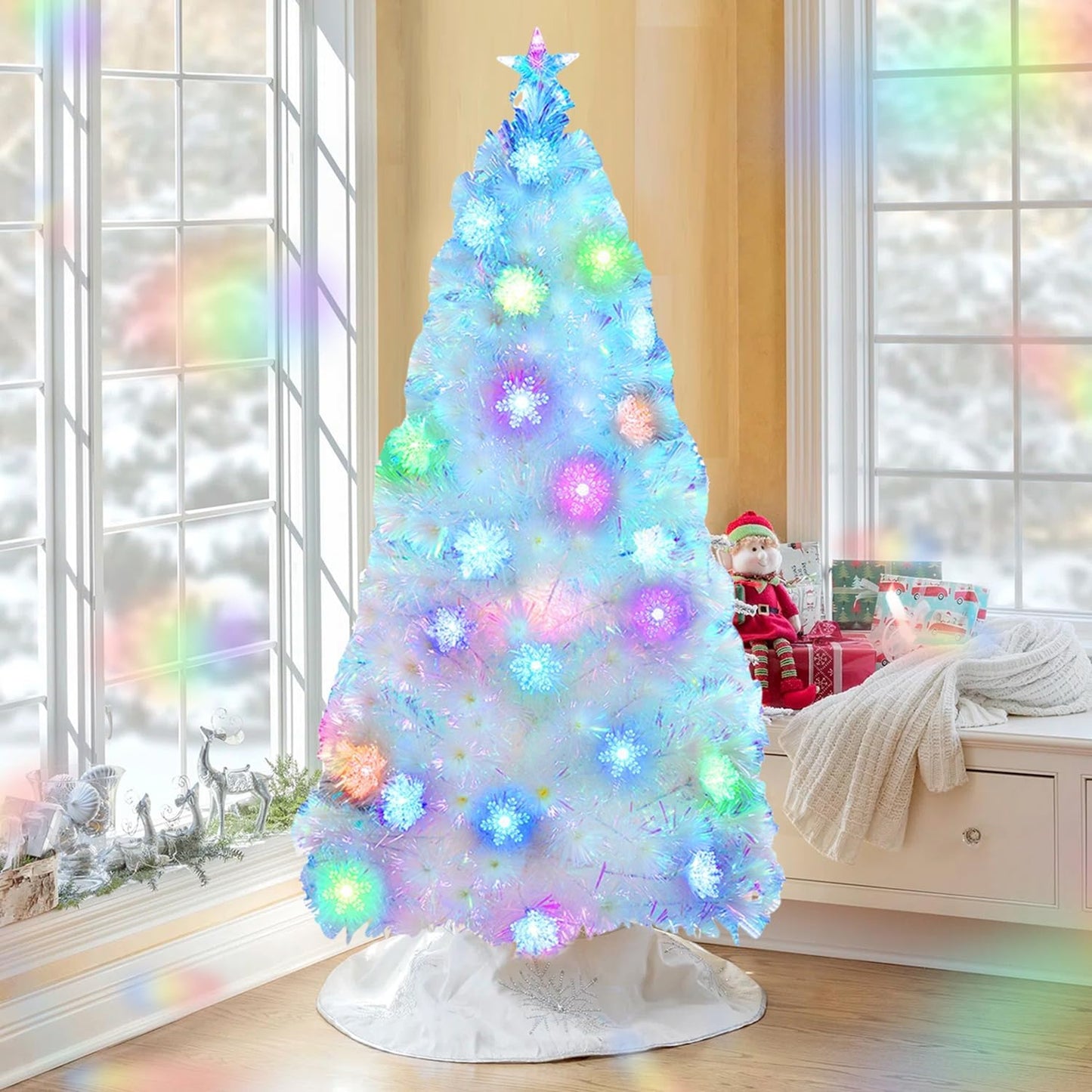 Juegoal 5ft Pre-Lit Artificial Christmas Tree, Lighted Optical Fiber Xmas Trees with Color Changing LED Lights, Snowflakes & Top Star, Party Home Holiday Fake Multicolored Tree with Metal Legs, White