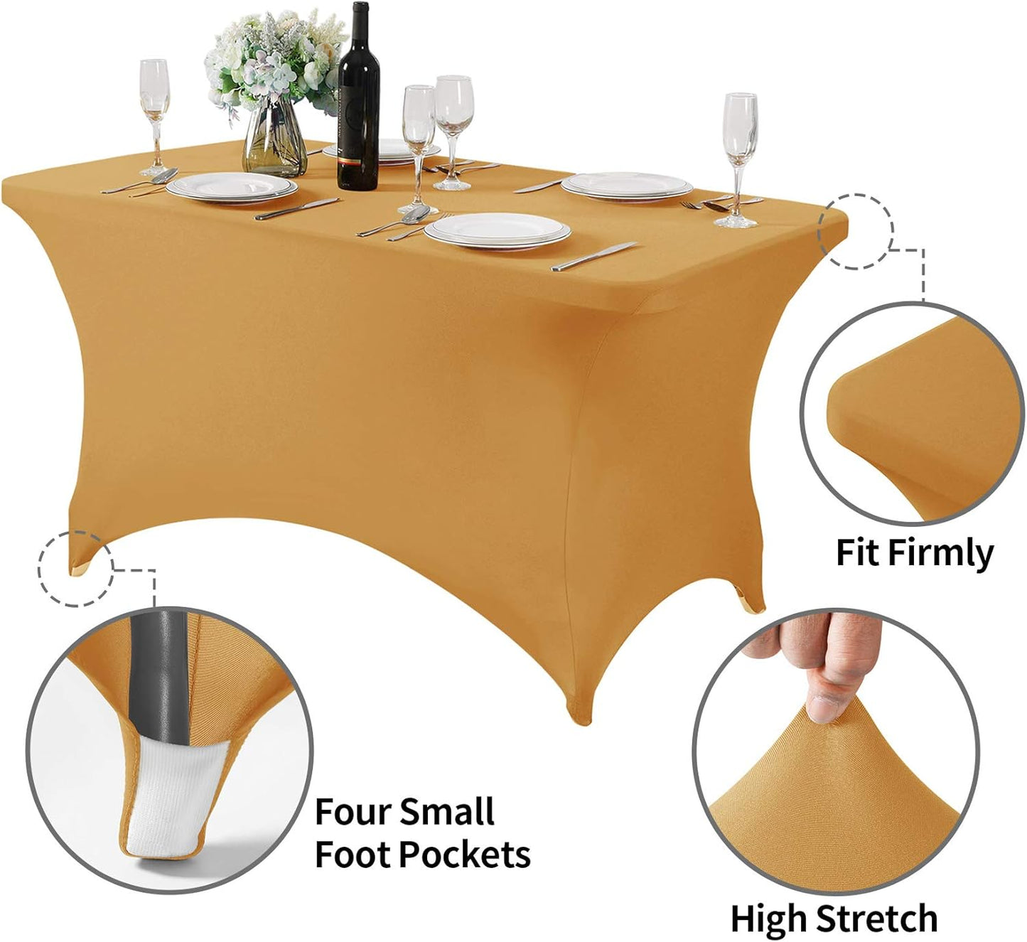 2Pack Spandex Table Cover for 4FT or 6ft or 8ft Table Universal Fitted Stretch Tablecloth for Party, Banquet, Wedding and Events-Gold