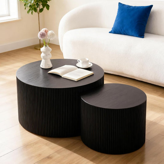 Round Nesting Coffee Table Black Round Fluted Coffee Table Set of 2 for Living Room Small Circle Drum Coffee Tables Crescent End Table (Black B 27in)