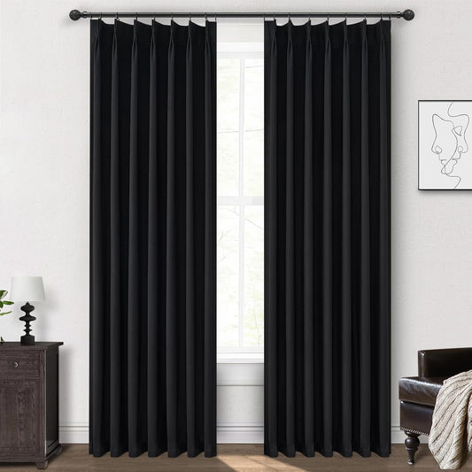 Unique Pinch Pleated Black Blackout Curtains 86 Inches Long for Living Room, Textured Linen Room Divider Window Curtain with Hooks Back Tab 2 Panels Set Thermal Thick Drapes 40" W x 86" L Length