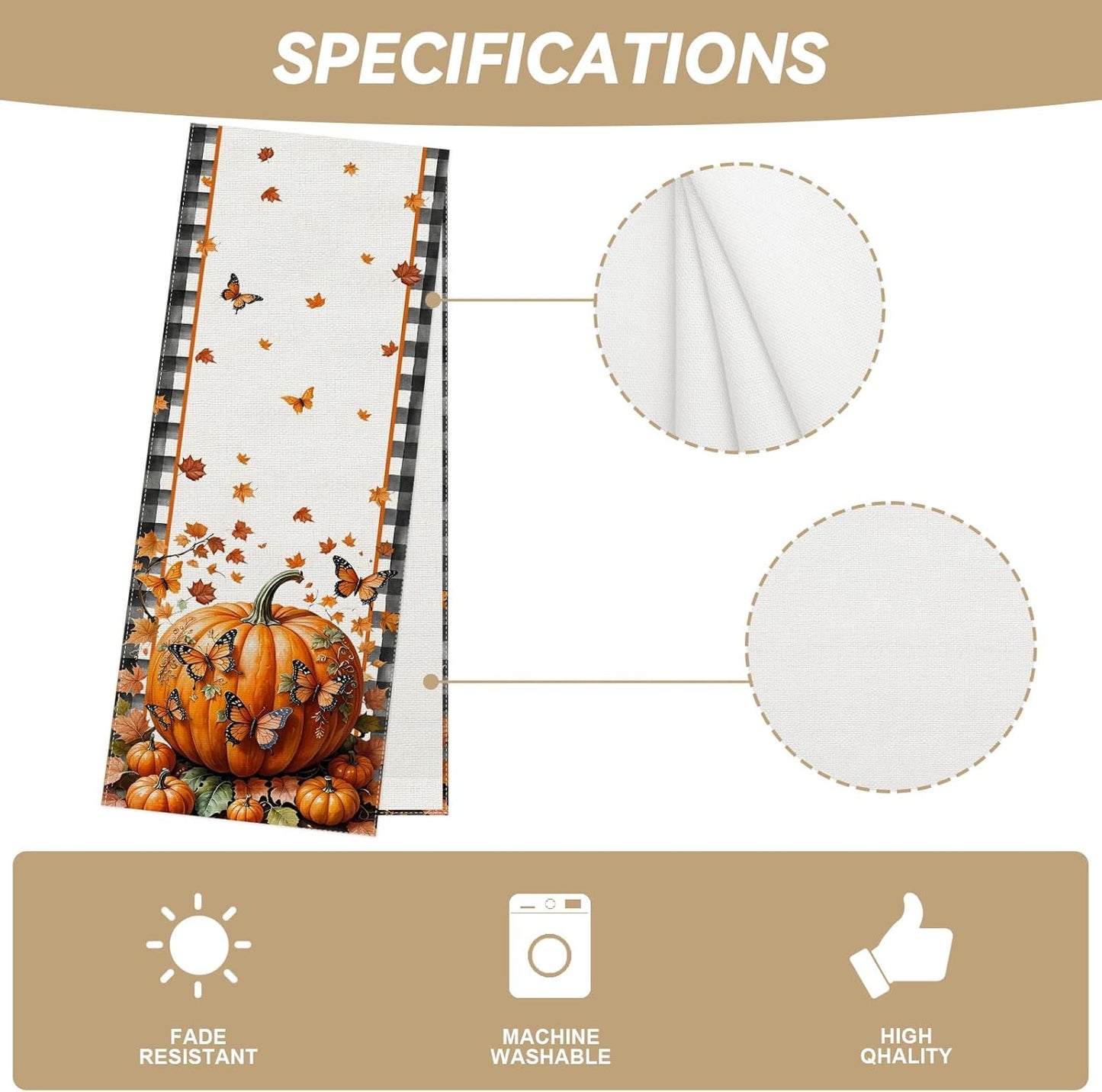 Linen Black and White Buffalo Check Plaid Fall Table Runner 90 Inches Long, Fall Leaves Pumpkin Butterfly Home Kitchen Table Decor, Farmhouse Autumn Thanksgiving Harvest Festival Decorations for Home