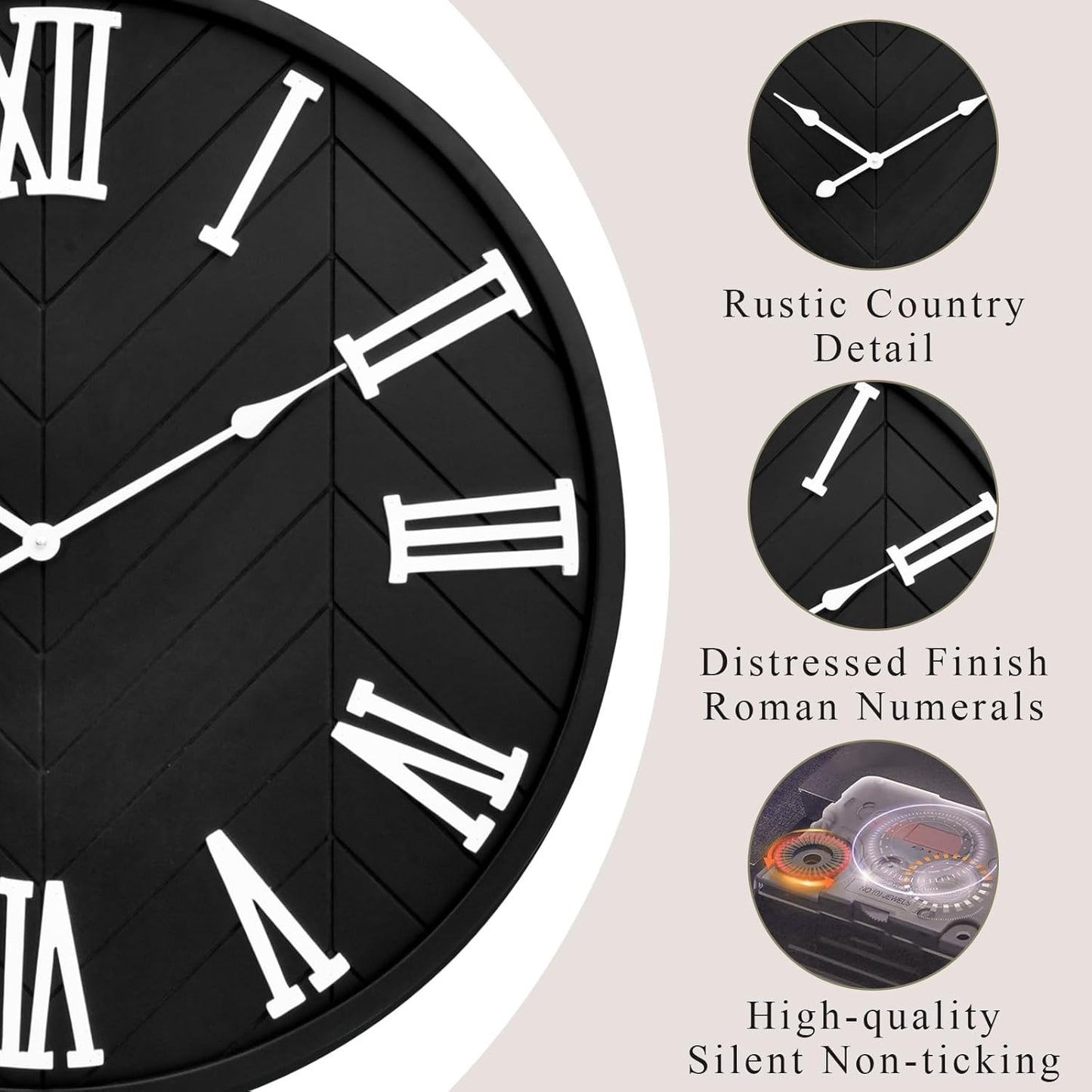 30 Inch Large Wall Clock Farmhouse Style - Black Silent Non-Ticking Rustic Decor for Living Room, Kitchen, Bedroom