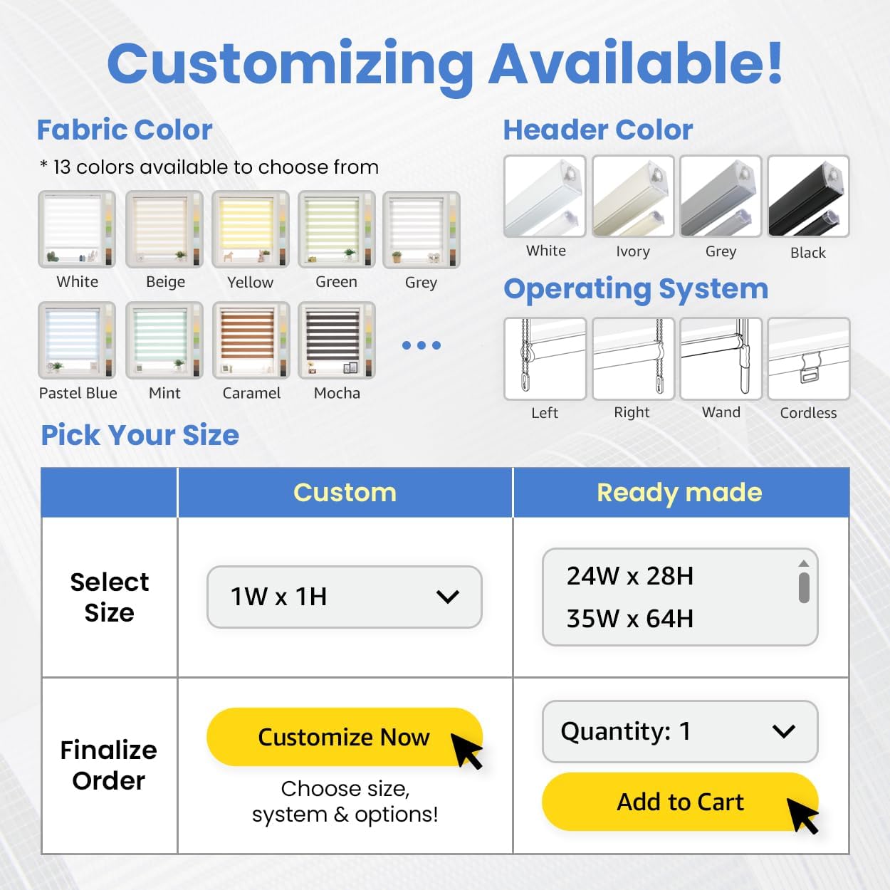 Foiresoft Standard Zebra Roller Blinds for Windows [W36 x H64 Inch, White, Basic], Light Filtering Dual Layer Shades for Bedroom, Living Room, Office, 13 Colors