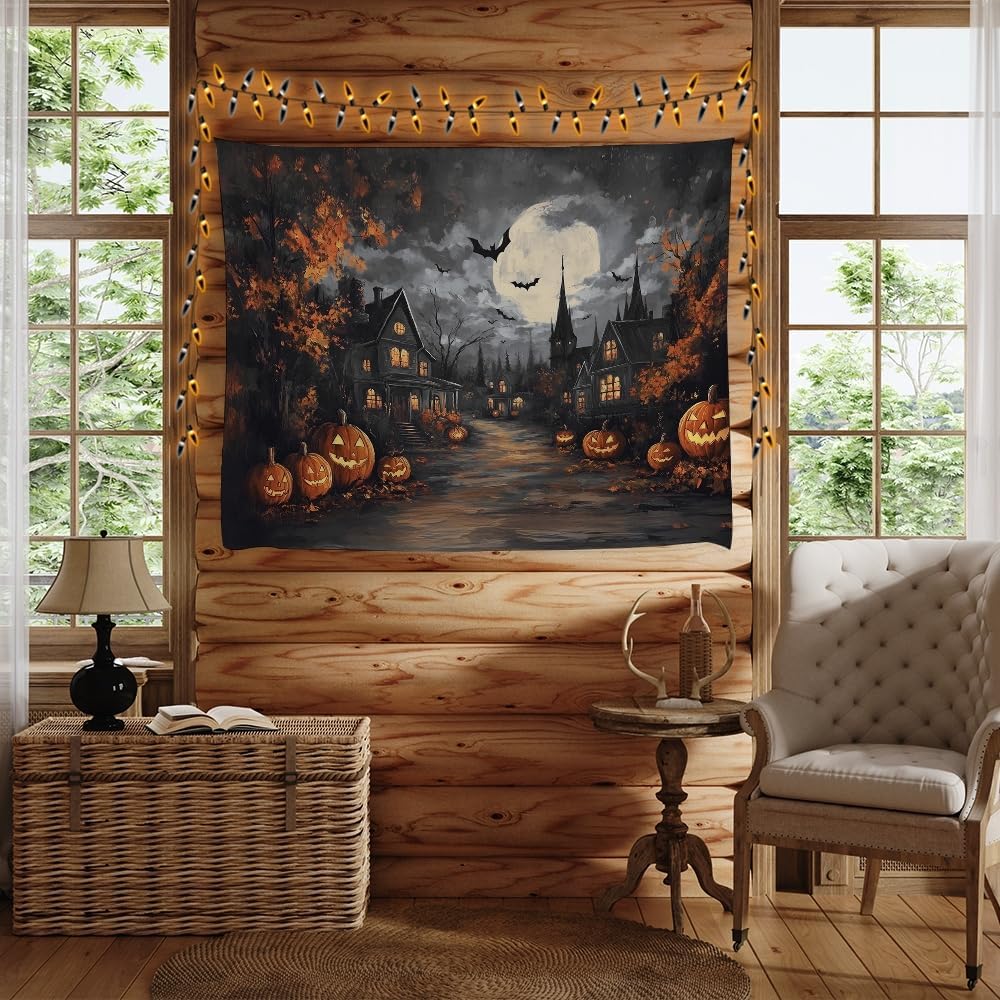 Spooky Halloween Tapestry Haunted Home Bats Pumpkin Tapestry Wall Hanging Dark Academia Fall Full Moon Decor Gothic Ghost Tapestries for bedroom Living Room Decoration 70x90inch