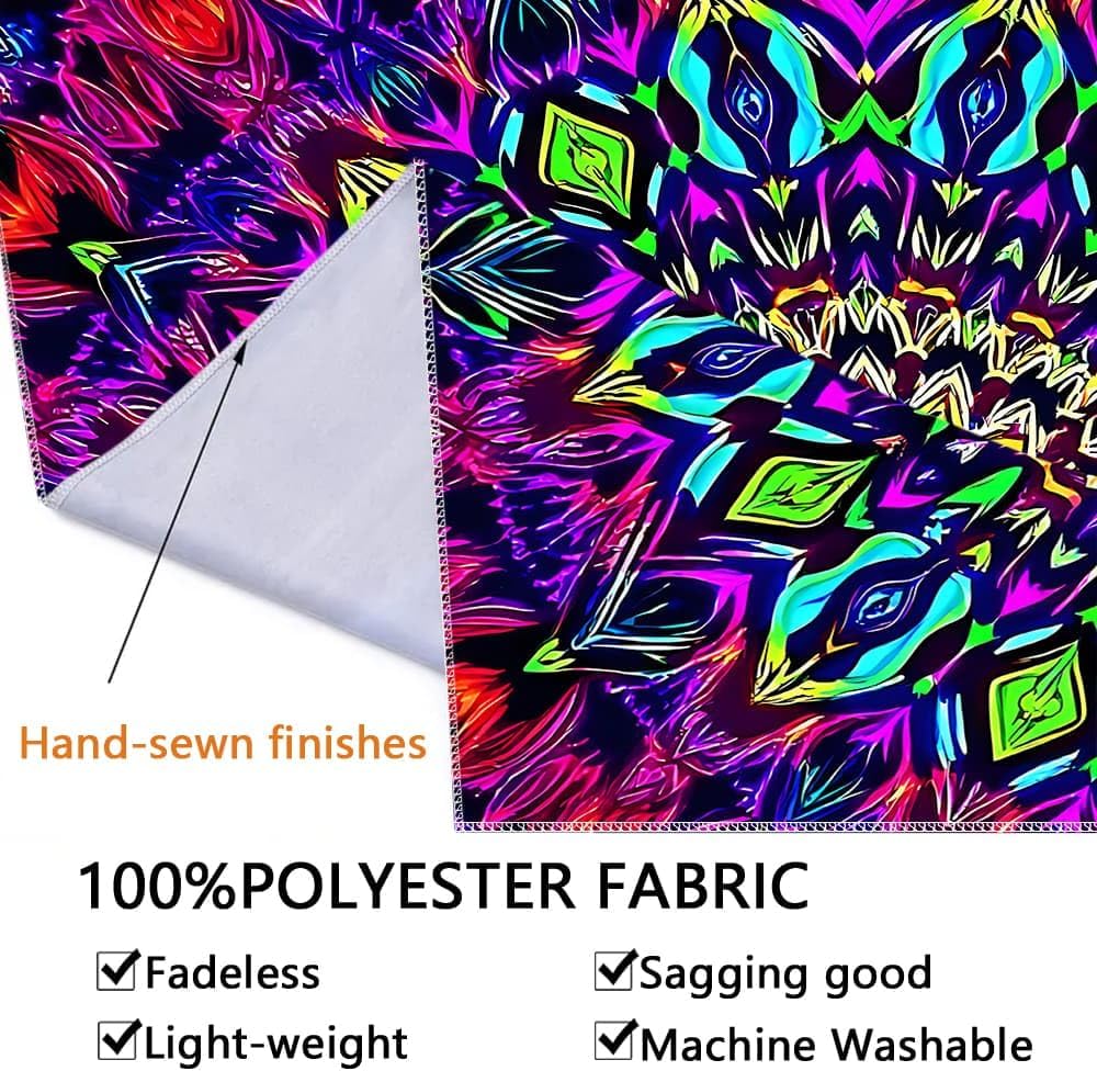 Blacklight Mandala Tapestry for Bedroom, Large Black Light Posters for Adults and Teens, Colorful UV Reactive Aesthetic Bohemian Wall Art Decor (80 x 60 Inches)