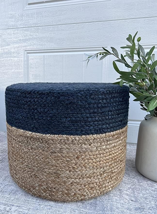 Jute Pouf Ottoman | Footrest Pouf | Hand Braided - Round Boho Pouffe - for Living Room, Bedroom, Nursery (18"x18"x12") Navy