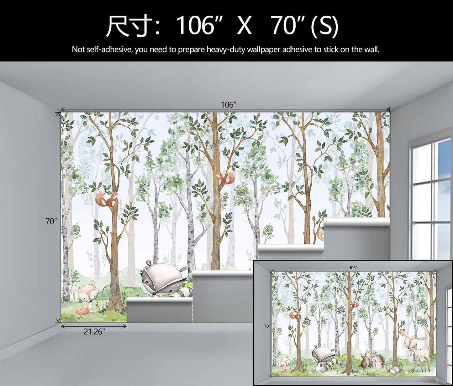 WFBHUA-Kids Wallpaper Watercolor Forest Cartoon Animals Wall Murals Suitable for Nursery Boys Girls Bedroom Room (Not Peel and Stick)