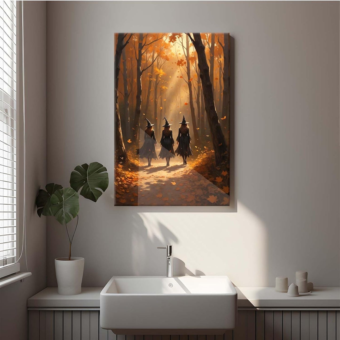JFHCQJPK Three witches walking in the forest in autumn canvas painting gothic poster halloween print country witch wall art for home decoration28x40in Frameless