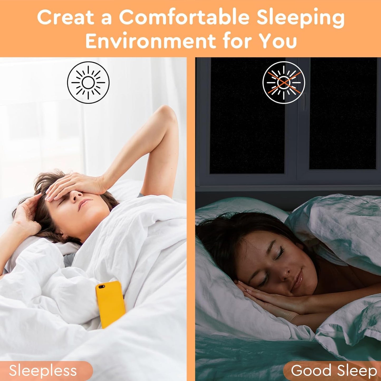 Kromapolis Blackout Window Privacy Film Total Light Blocking Room Darkening Window Covering, Removable Static Cling Frosted Glass Tint, Non-Adhesive, Black 17.5'' x 157.4''