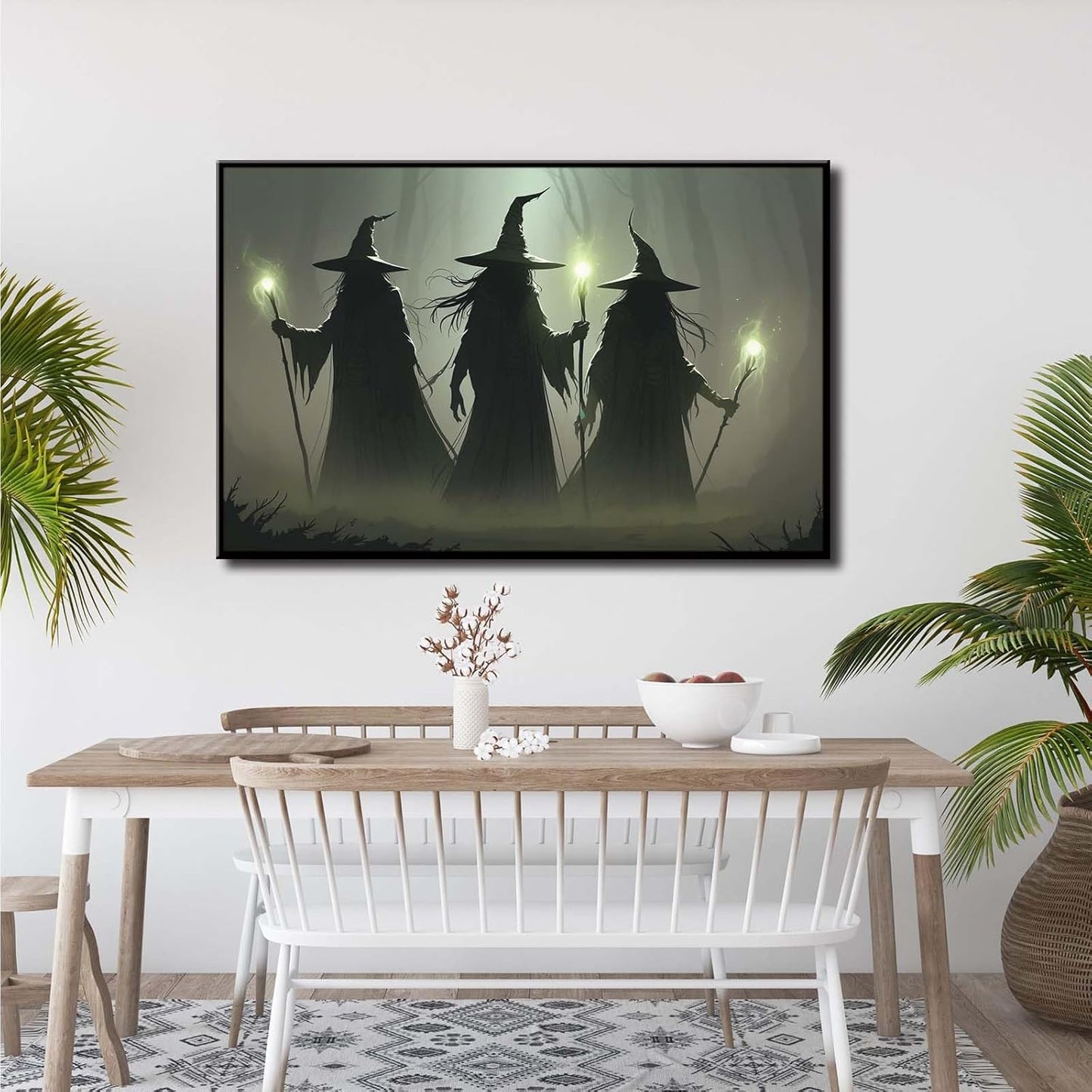 JFHCQJPK Vintage 3 witches canvas wall decor melancholy dark Halloween poster wall decor holding a staff print Gothic horror Halloween painting print for living room bedroom16x24in Metal blackFramed