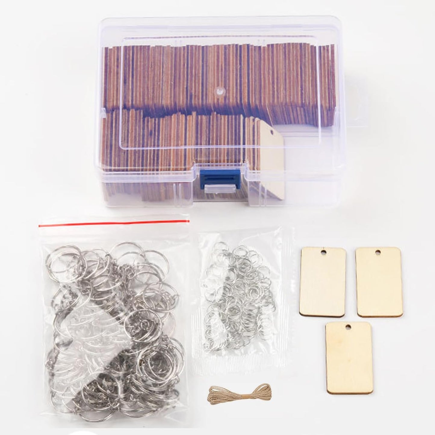 QMTSINEW 100Pcs Blank Rectangle-Shaped Wooden Keychain Set,Unfinished Wood Pieces with Key Rings and Hemp Rope,Personalized Wood Keychain,Key Tags DIY Keychain Supplies for Holiday Craft Projects, Han