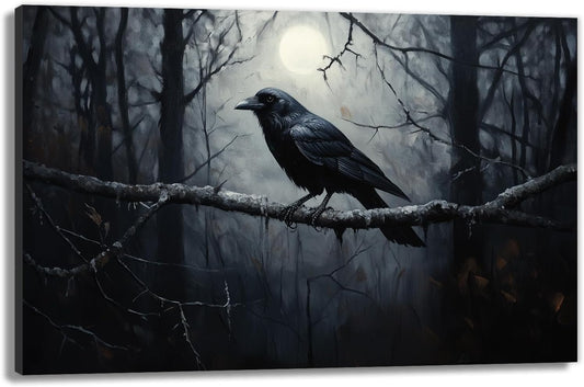 OAAPITI Crow Canvas Wall Art Black Crow Stand On The Branch Picture Print Moonlit Night Poster Vintage Forest Landscape Painting Artwork Living Room Halloween Decor(Artwork-1,24"x36")