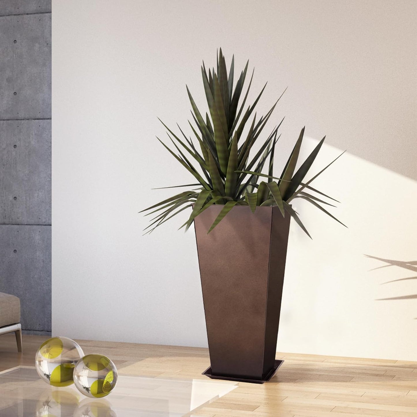 KOL 25''H. Tall Galvanized Steel Planter with Saucer, Set of 2, Planter Pots with Drainage Hole for Indoor & Outdoor Use, Decorative Flower Plant Pots for Front Porch, Patio, Deck - Rust Color