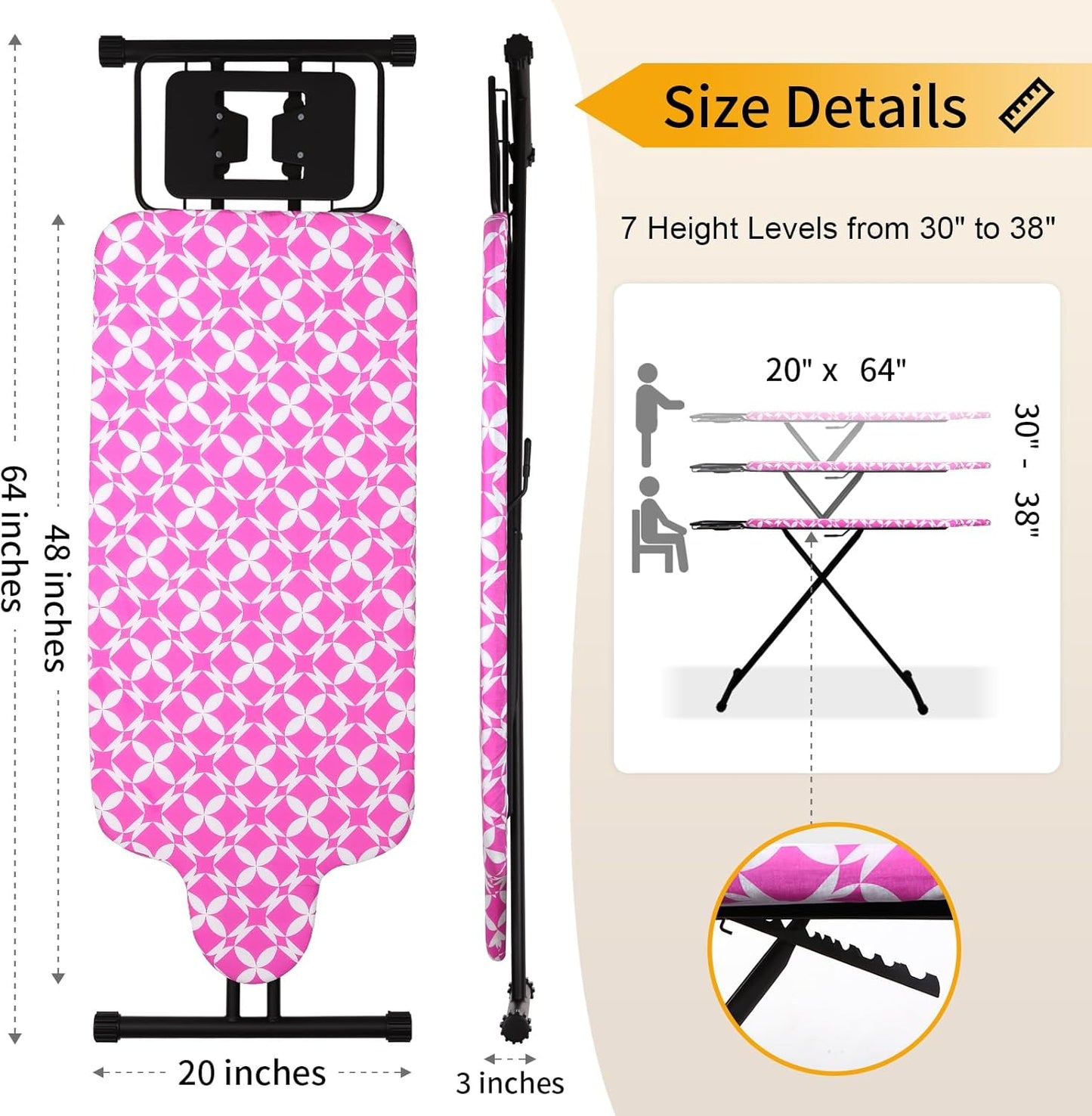 Extra Large Ironing Board with Hang Rail and Iron Rest 63" L x 20" W (Large with Iron Rest (Pink Cover))