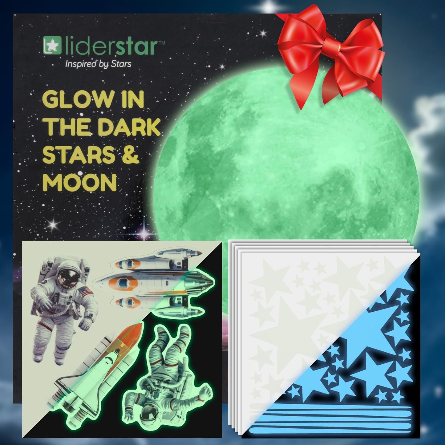 Glow in The Dark Stars for Ceiling, Luminous Stars and Moon USA Astronaut Rocket Spaceship Wall Decals, Space Decoration, Sticky Fluorescence Stars, Kids Room Decor, Galaxy Wall Stickers
