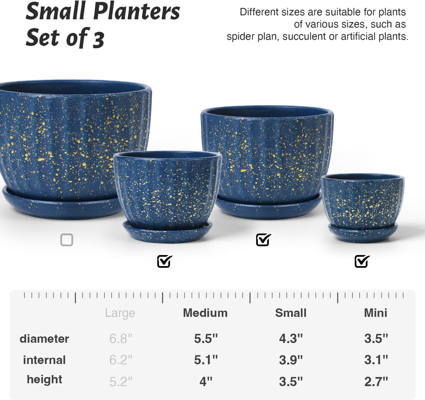 Ceramic Plant Pots with Drainage Holes and Saucers, Round Blue Flower Pots for Indoor Plant, Diameter 3.3/4.3/5.5 Inches Small Mini Flower Planters Set of 3
