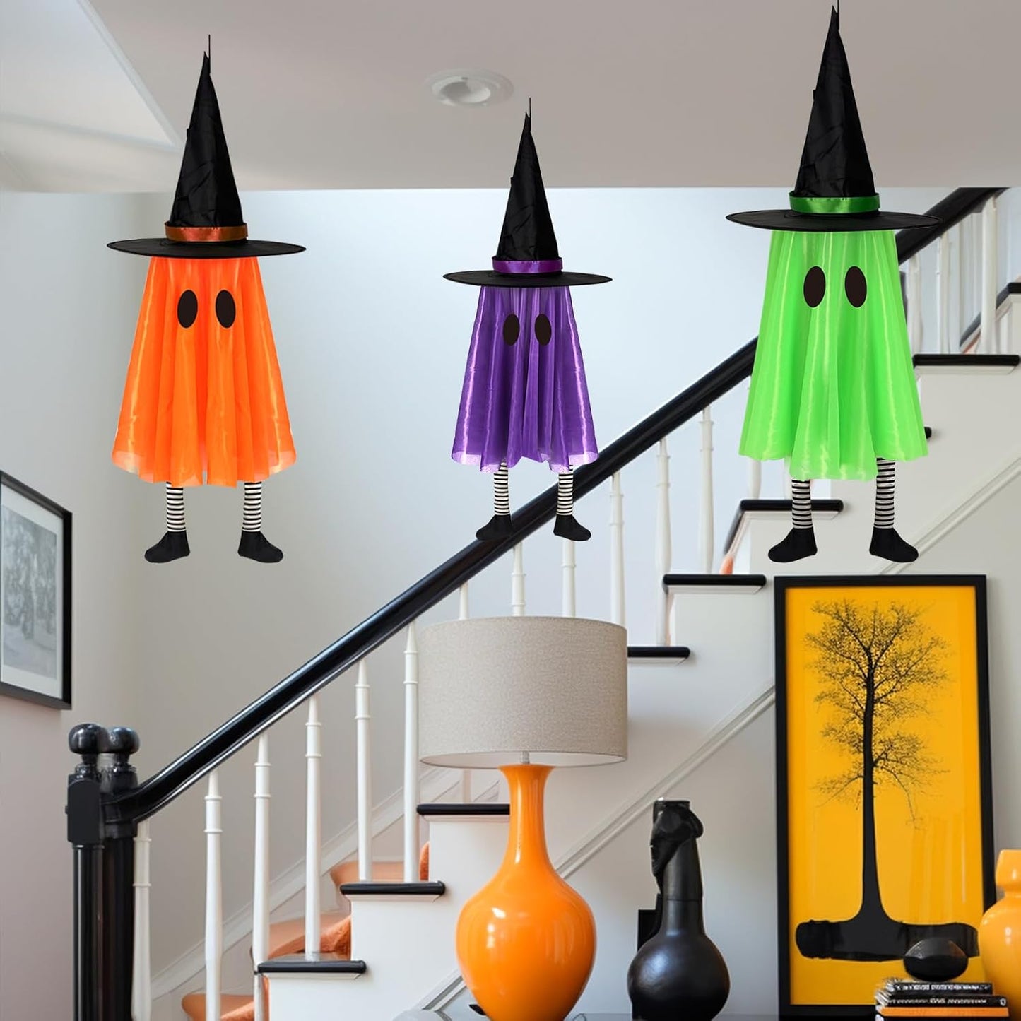 DAZONGE Halloween Decorations Outdoor, 3 Packs Hanging Ghost Halloween Decor with String Lights Battery Operated, Ghost Decor with with Hat for Home Yard Porch