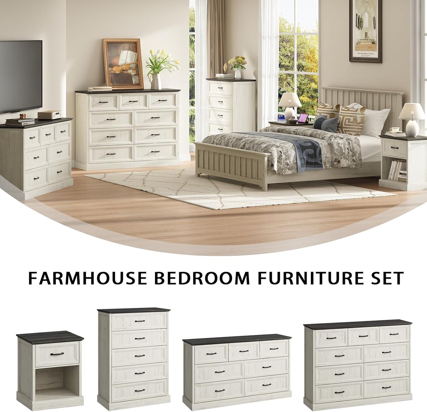 Farmhouse 9 Drawer Dresser for Bedroom, 55 Inch Wide Modern White Dresser TV Stand with Large Drawers & Bar Handles, Rustic Wood Chest of Drawers for Bedroom, Living Room, Hallway, Entryway.
