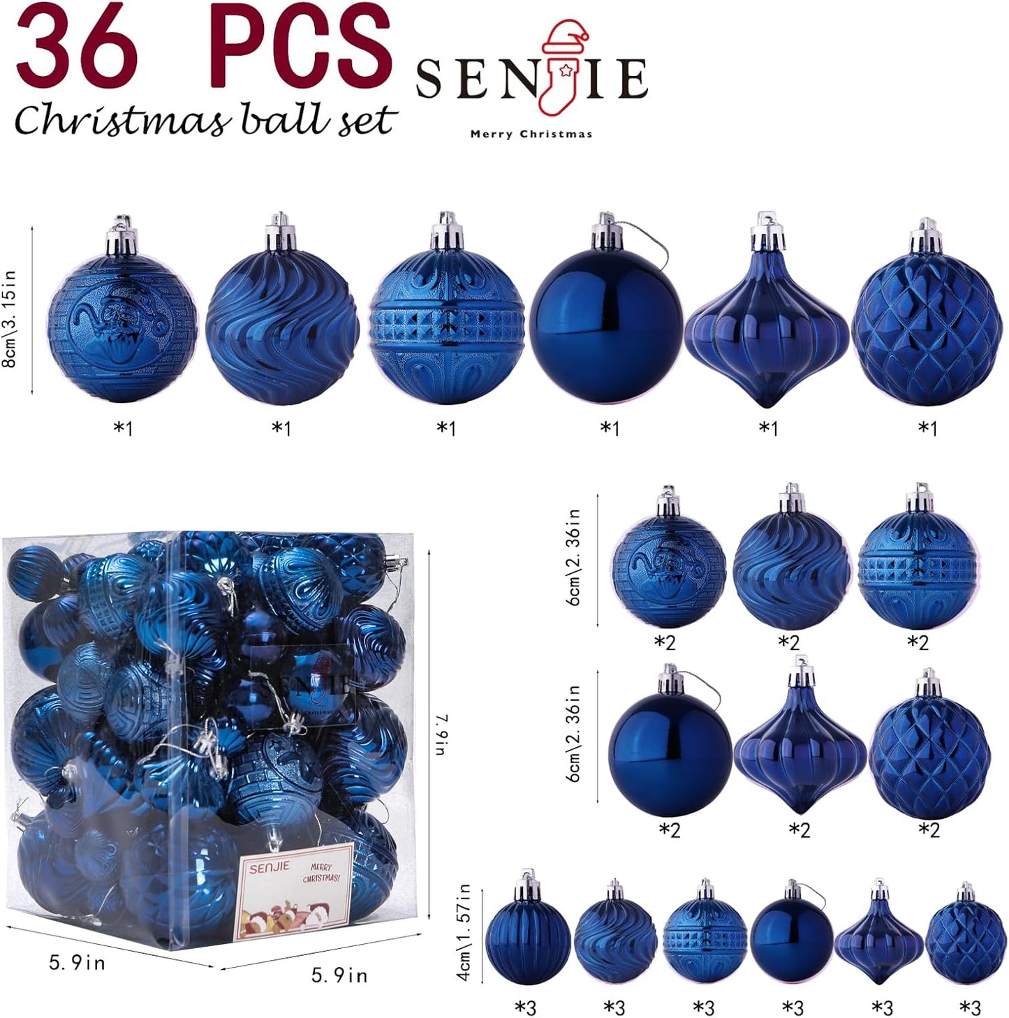 Senjie 36pcs Night Blue Christmas Ornaments Set with 7 Styles Multi-Size Shatterproof Christmas Tree Decorations