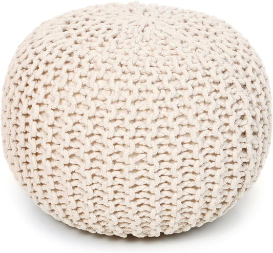 REDEARTH Round Pouf Ottoman - Cable Knitted Boho Poof - Home Décor Cord Pouffe Handmade Circular Footrest for Living Room - Bedroom - Kids Bedroom - 100% Cotton Pouf (19.5"x19.5"x14") - Natural