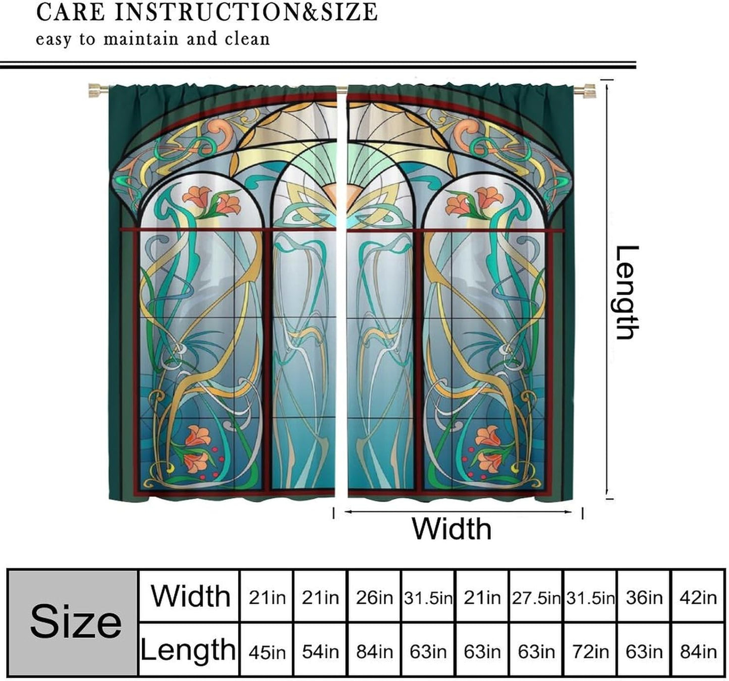 Stained Glass Curtains, Retro Mid Century Boho Abstract Art Home Decor Drapes for Bedroom Living Room Kitchen Window Treatment 2 Panels Set Total Size 72" W X 63" L Inch