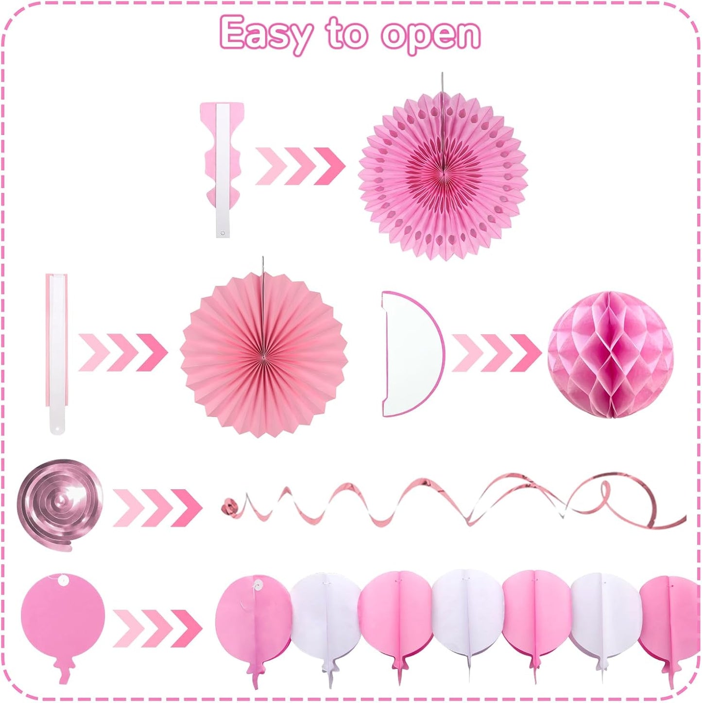 Pink Party Decorations, Easy Assembly Paper Fan Honeycomb Ball Garland Hanging Swirl Rose Red Party Supplies for Girl Women Birthday Bridal Shower Baby Shower Party Decorations