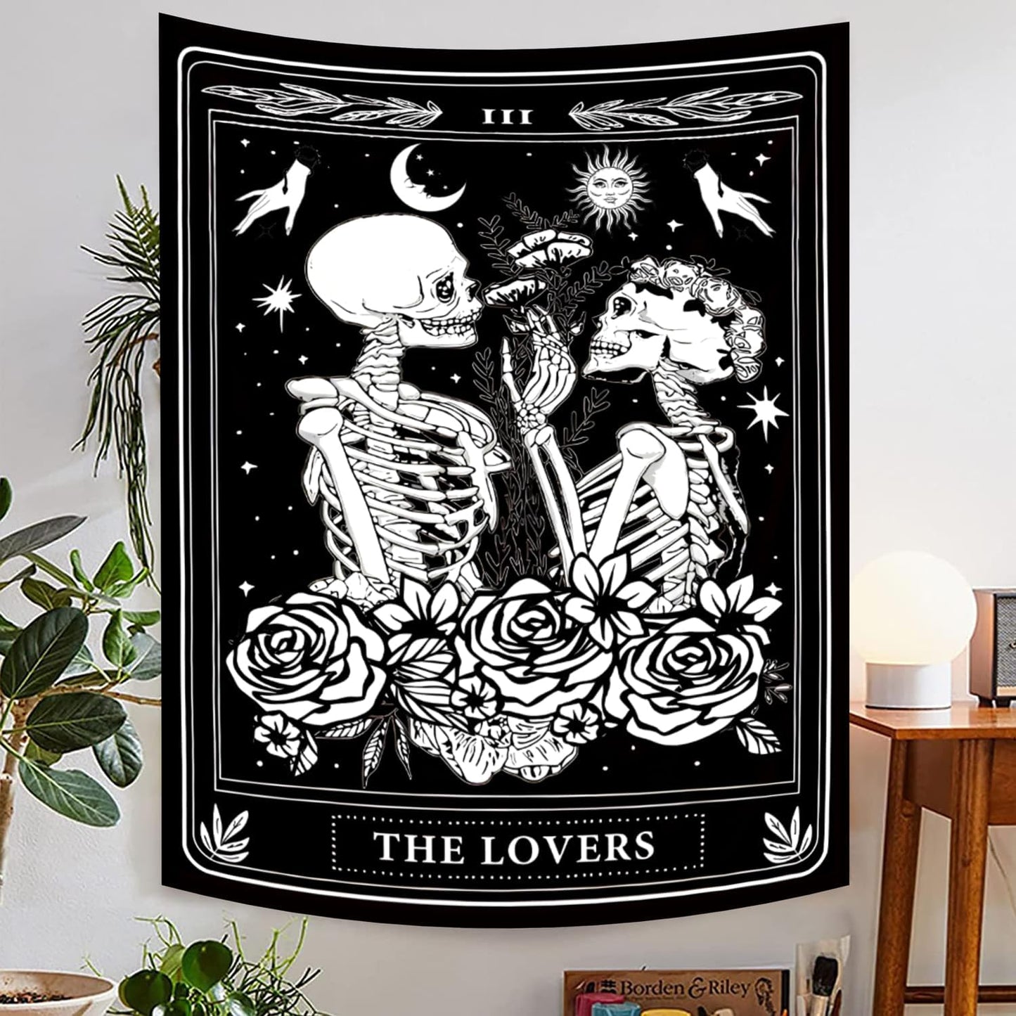 Onivein The Lovers Skull Tapestry Gothic Tapestry Vertical Black and White Skeleton Gothic Witch Sun Moon Floral Plant Snake Tapestries Wall Hanging Decor for Bedroom Dorm Room 30 x 40 Inches