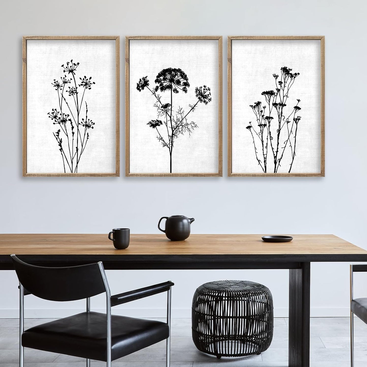 Flower Plant Wall Art Decor 16"x11" Set of 3 Black And White Botanical Painting Wood Framed For Minimalist Bedroom Office Rustic Living Room Abstract Wildflower Sign Hanging (Wood White)