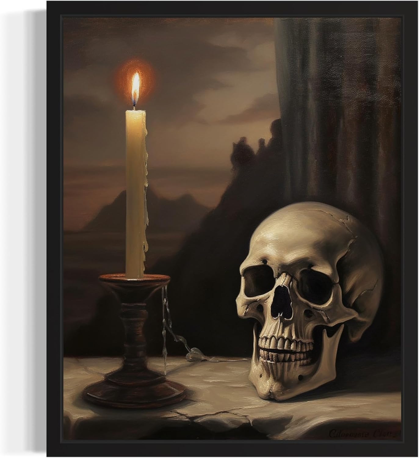 Skull and Candle Poster Art Print, Halloween Scary Vintage Wall Art Academia Spooky Painting Decoration for Horror Prints, Gothic Posters Bedroom Decor 89 (Skull and Candle, 16 x 20 inches, Black Frame)