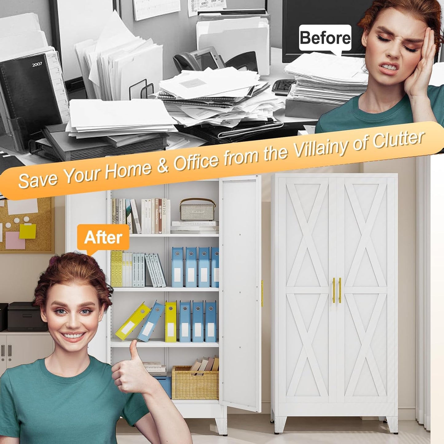 61" H Metal Kitchen Pantry Storage Cabinet, Freestanding Cupboard with 2 Doors and 3 Adjustable Shelves, Standing Storage for Kitchen, Bathroom, Garage, Dinning Room or Utility Room（White）